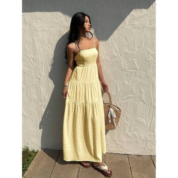 Dresses & Skirts - Sunnyshic Apricot Textured Fabric Drawstring Pleated Camisole Dress, Loose & Sli
